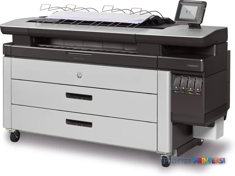 HP PageWide XL 4600 40-in Printer with Top Stacker product image showing front view of large format inkjet printer with whit…