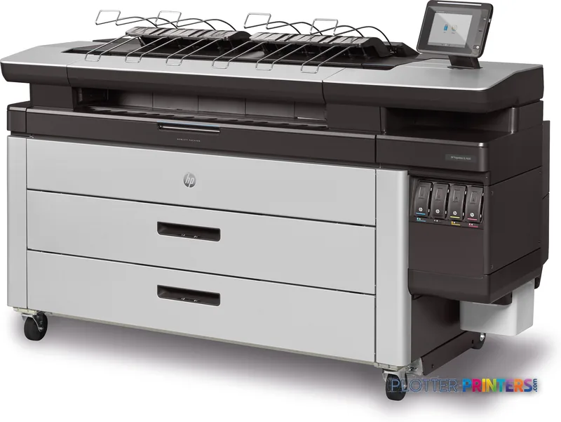HP PageWide XL 4600 40-in Printer with Top Stacker product image showing front view of large format inkjet printer with whit…