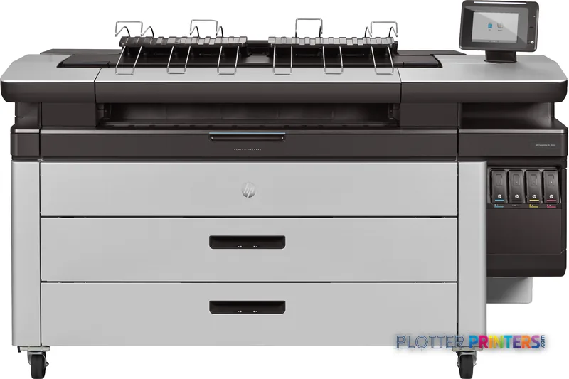 HP PageWide XL 4600 40-in Printer with Top Stacker product image showing front view of large format inkjet printer with stac…