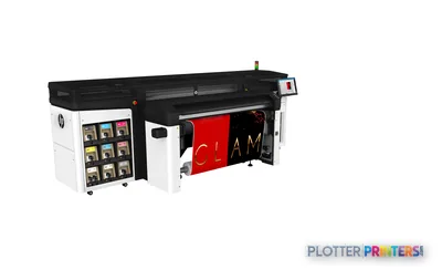 HP Latex R1000 Printer front-right view showing black and white large-format printer with ink cartridge station and red samp…