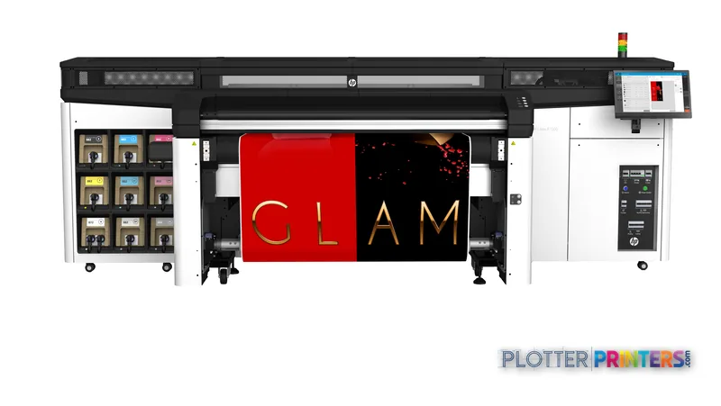HP Latex R1000 Printer front-center view showing black and white large-format printer with red and gold sample print