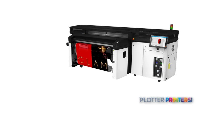 HP Latex R1000 Printer front-left view showing black and white large-format printer with red sample output