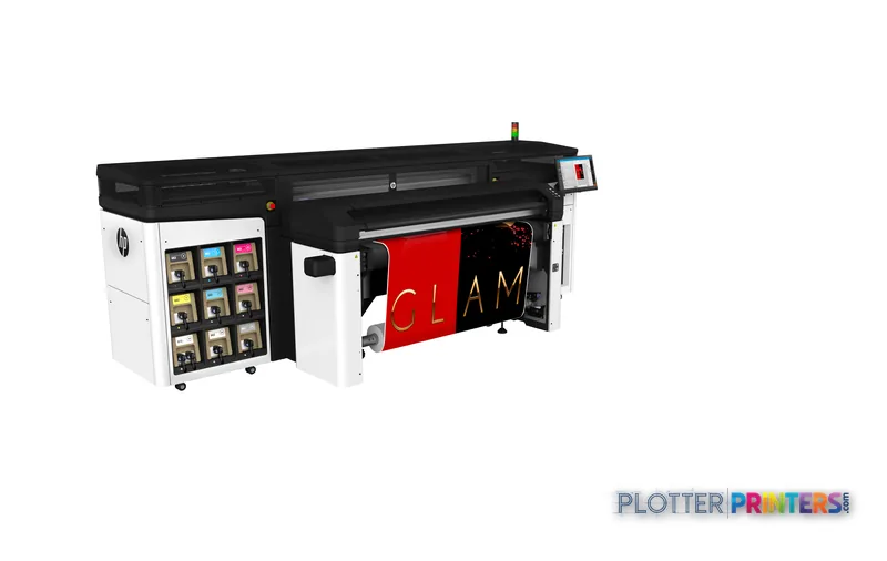 HP Latex R1000 Printer front-right view showing black and white large-format printer with ink cartridge station and red samp…