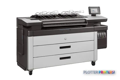 HP PageWide XL 4100 40-in Multifunction Printer front-right view with white and brown body, top stacker, and touchscreen