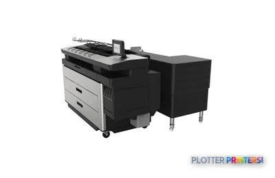 HP PageWide XL 4100 40-in Multifunction Printer with Top Stacker and integrated stacking unit, angled view showing white and…