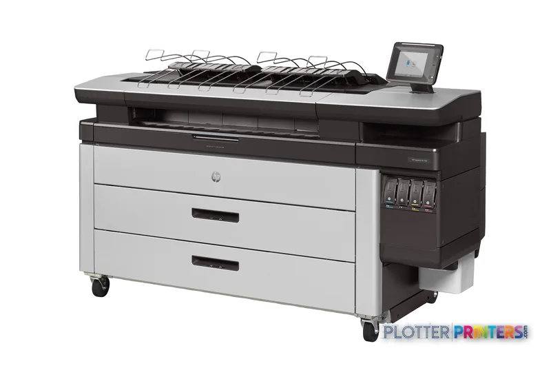 HP PageWide XL 4100 40-in Multifunction Printer front-left view showing white and brown body with top stacker and control pa…