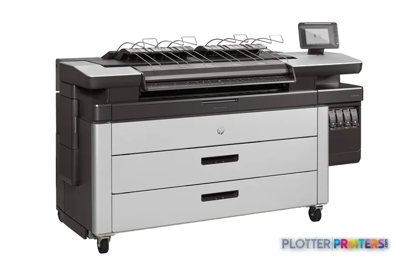 HP PageWide XL 4100 40-in Multifunction Printer front-right view with white and brown body, top stacker, and touchscreen