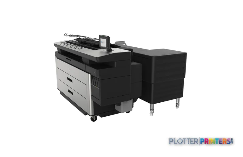 HP PageWide XL 4100 40-in Multifunction Printer with Top Stacker and integrated stacking unit, angled view showing white and…