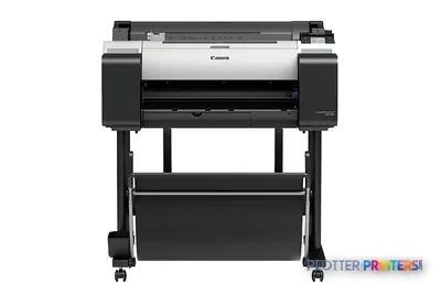 Canon imagePROGRAF TM-200 large format printer product image showing front view with white and black chassis on stand