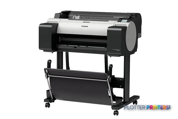 Canon imagePROGRAF TM-200 large-format printer product image showing black and white thermal inkjet device on stand