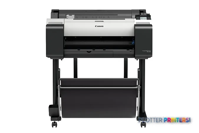 Canon imagePROGRAF TM-200 large format printer product image showing front view with white and black chassis on stand