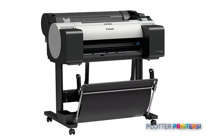 Canon imagePROGRAF TM-200 large format printer product image showing black and white thermal inkjet device on stand