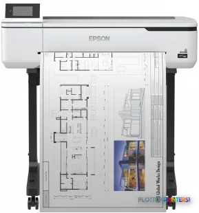 Epson SureColor T3100 wireless large-format printer with stand, front view showing white printer with architectural blueprin…