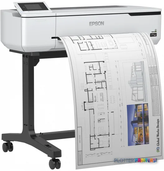 Epson SureColor T3100 wireless printer with stand, white, shown printing large-format architectural drawings