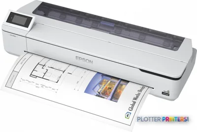 Epson SureColor SC-T5100N wireless large-format printer with output tray open showing printed documents