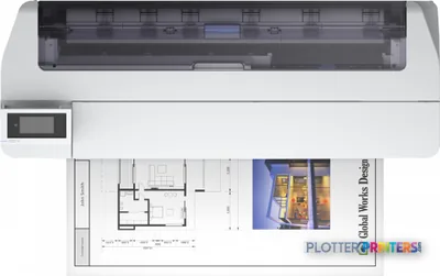Epson SureColor SC-T5100N wireless printer product view with architectural floor plan and interior photo output