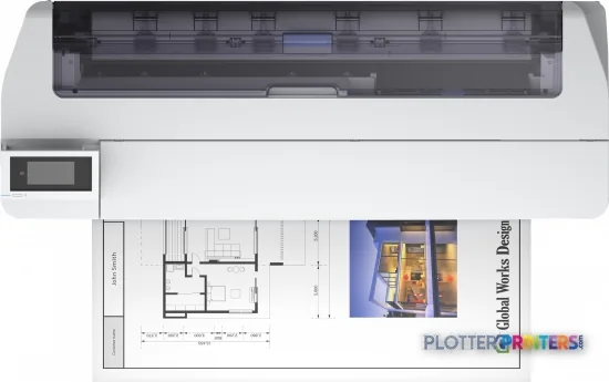 Epson SureColor SC-T5100N wireless printer product view with architectural floor plan and interior photo output