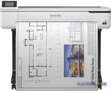 Epson SureColor SC-T5100 wireless printer with stand, front product view showing printer with architectural and design docum…