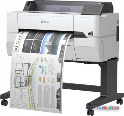 Epson SureColor SC-T3400 wireless large-format printer with stand, shown printing architectural plans