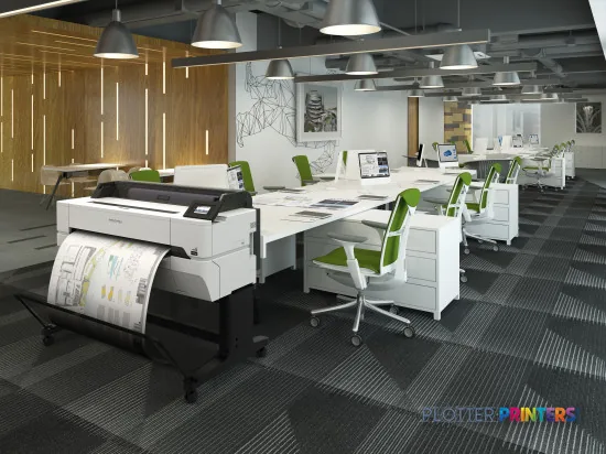Epson SureColor SC-T3400 wireless printer with stand in office environment, dispensing large-format prints
