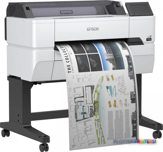 Epson SureColor SC-T3400 wireless large-format printer with stand, shown printing architectural plans