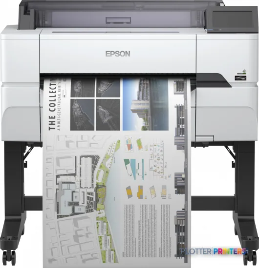 Epson SureColor SC-T3400 wireless printer with stand, front view showing printed architectural drawings and plans