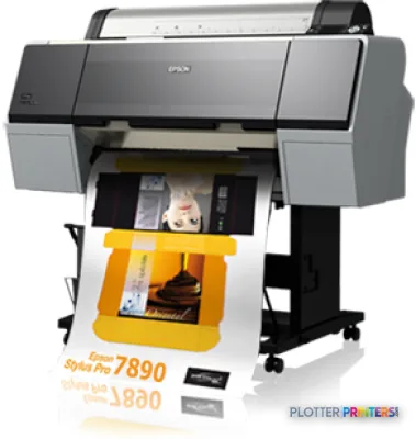 Epson Stylus Pro 7890 large-format printer product image showing the device with yellow output tray extended