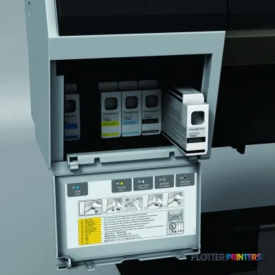 Epson Stylus Pro 7890 product image showing open ink cartridge compartment with multiple color cartridges and maintenance un…