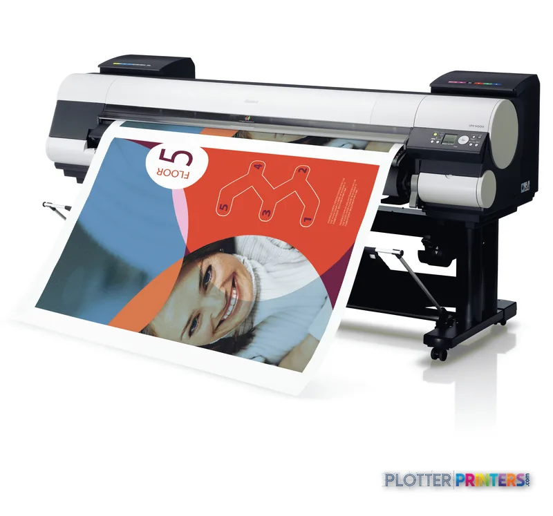Canon imagePROGRAF iPF9000 large format printer product image showing the device printing a colorful marketing poster