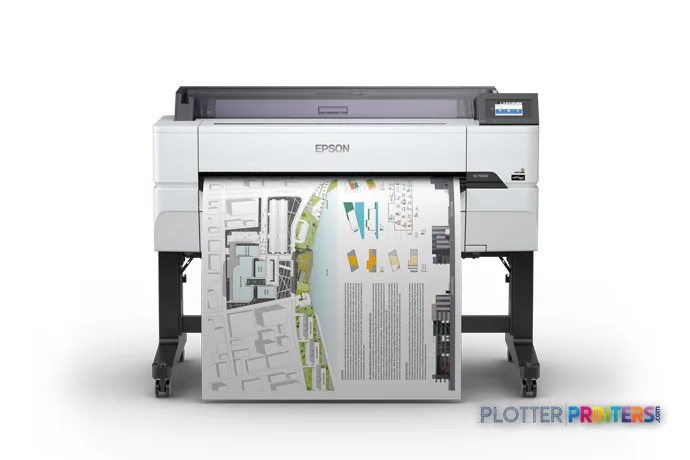 Epson SureColor T5470 large-format printer product image showing grey inkjet printer with architectural plans printed output