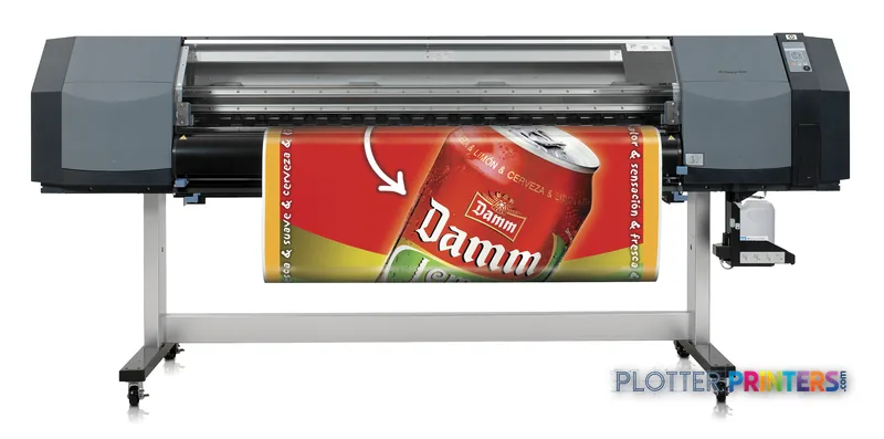HP DesignJet 8000sr Printer product image showing the large-format printer with a beverage label printing sample