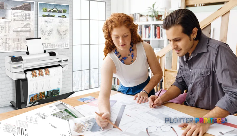 HP DesignJet T130 24-in Printer lifestyle image showing two professionals reviewing large-format prints at a desk