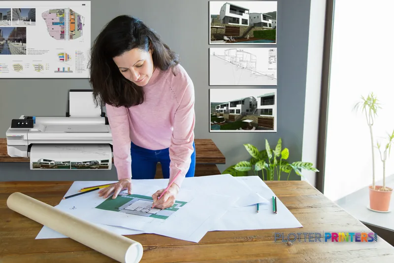 Woman reviewing large-format architectural prints at desk with HP DesignJet T130 24-in Printer in lifestyle setting