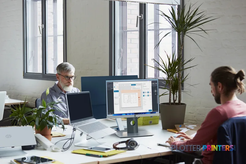 HP DesignJet T130 24-in Printer in a modern office workspace with two professionals reviewing design work on monitors
