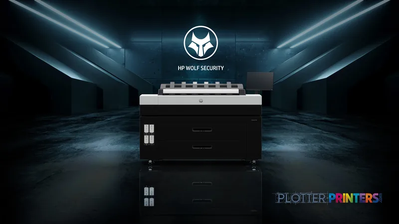 HP DesignJet T130 24-in Printer shown from front view with HP Wolf Security branding displayed above