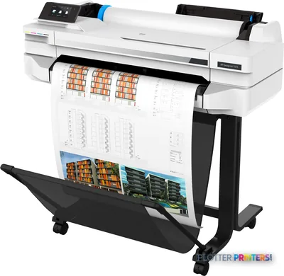 HP DesignJet T525 24-in Printer front-left view showing white thermal inkjet printer with blue accents, control panel, and o…