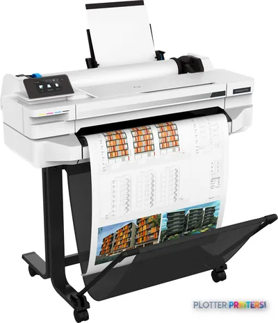 HP DesignJet T525 24-in Printer front-right view showing white thermal inkjet printer with touch screen, paper roll loaded,…