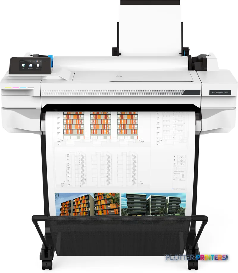 HP DesignJet T525 24-in Printer front-center view showing white thermal inkjet printer with control panel, dual antenna, and…