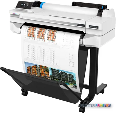 HP DesignJet T530 24-in Printer front-left view showing white thermal inkjet printer with blue accents, control panel, and o…