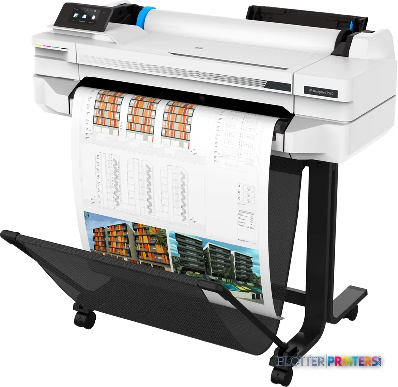 HP DesignJet T530 24-in Printer front-left view showing white thermal inkjet printer with blue accents, control panel, and o…