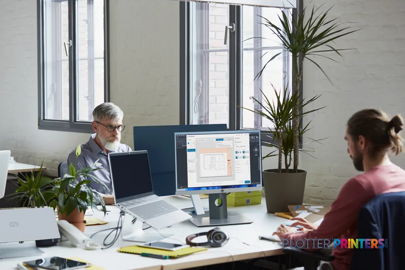 HP DesignJet T525 36-in Printer in an office setting with two people working at a desk