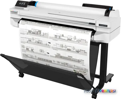 HP DesignJet T530 36-in Printer front-left view showing white thermal inkjet printer with architectural drawings loaded