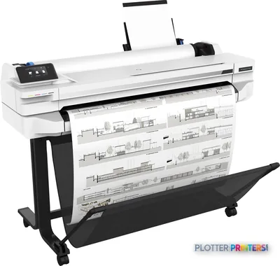 HP DesignJet T530 36-in Printer front-right view showing white thermal inkjet printer on black stand with architectural draw…