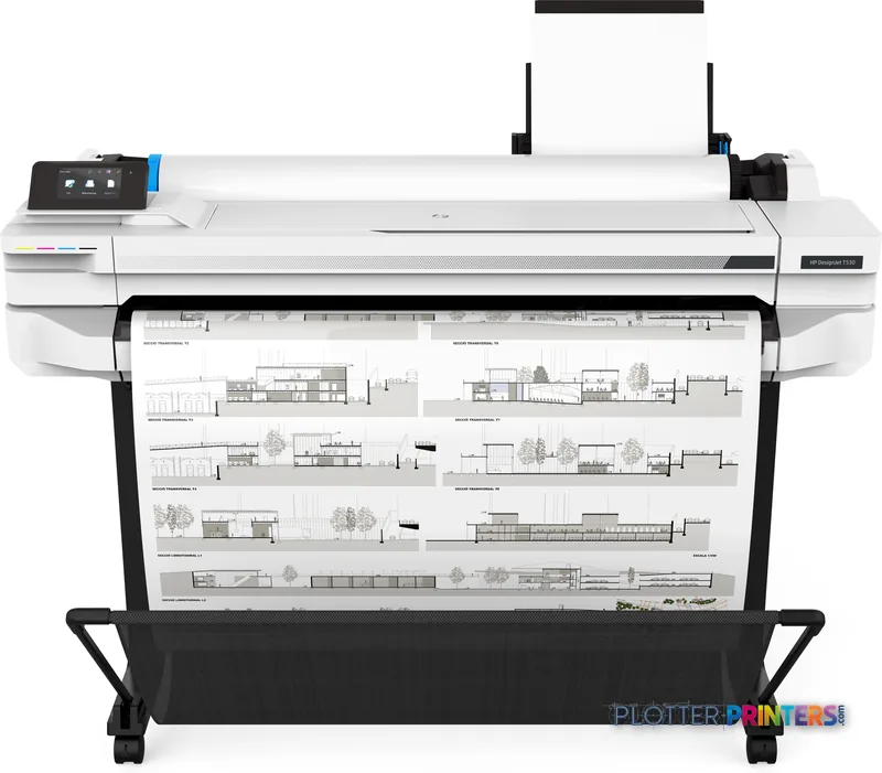 HP DesignJet T530 36-in large-format printer front view in white with architectural drawings loaded