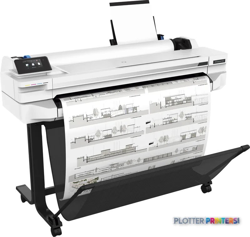 HP DesignJet T530 36-in Printer front-right view showing white thermal inkjet printer on black stand with architectural draw…