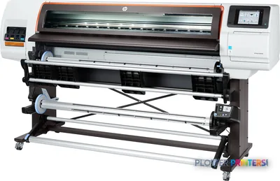 HP Stitch S300 64-in Printer front-left view showing the large-format dye-sublimation printer with orange accents and contro…