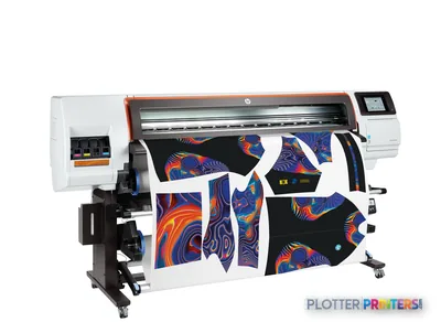 HP Stitch S300 64-in Printer front-right view with colorful dye-sublimation fabric output