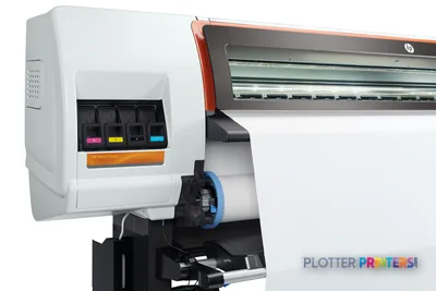HP Stitch S300 64-in Printer showing ink cartridges and print head assembly from side view