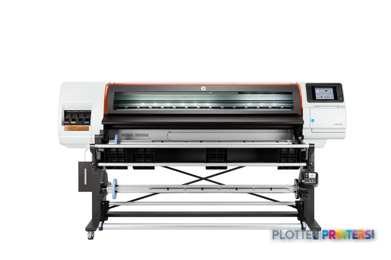 HP Stitch S300 64-in Printer front-center view showing wide-format dye-sublimation printer with orange accent trim and contr…