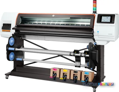 HP Stitch S500 64-in Printer front-left view showing dye-sublimation print head, media roll system, and ink cartridges